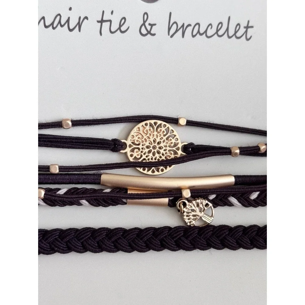 Boho Hair Tie Bracelet Set Brown Black Gold Tree of Life Mandala 2pk